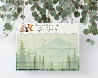 Gioco per baby shower nel bosco: indovina il calendario della data di scadenza (modello Canva modificabile, download immediato)