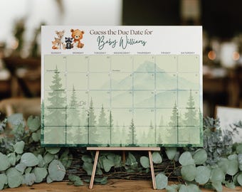May include: A baby shower game board with the text "Guess the Due Date for Baby Williams." The board features a calendar grid with a forest and mountain scene. Cute animal illustrations of a deer, bear, fox, and raccoon are at the top.