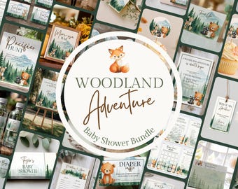 Woodland Babyparty Einladung & Spiele Bundle: Geschlechtsneutrale, bearbeitbare Canva-Vorlagen (Digitaler Download), FSWBS1