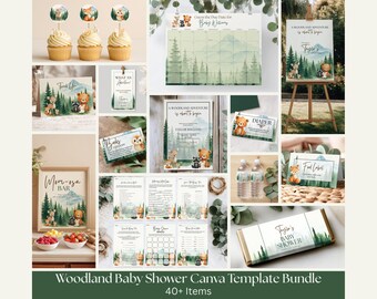 Woodland Baby Shower Invitation & Games Bundle: Gender Neutral, Editable Canva Templates (Digital Download), FGWBS1