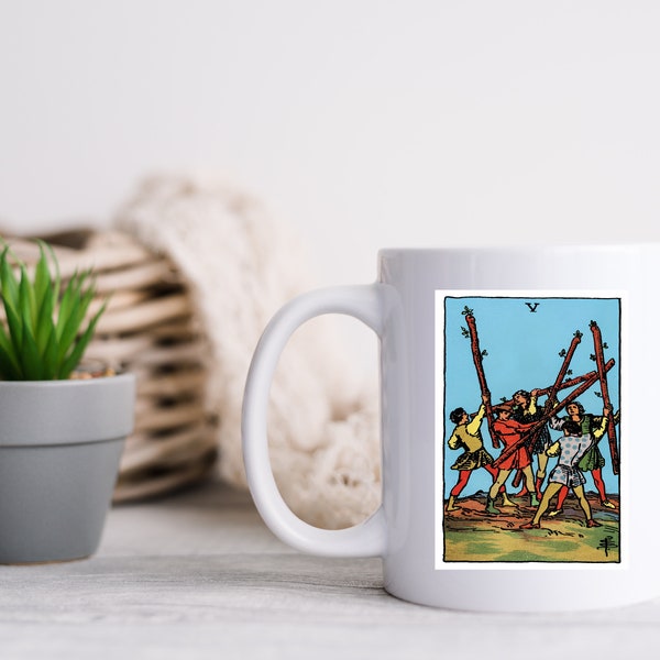 Five of Wands , Tarot Card Mug , Personalized Mug , Floral Mug , Christmas Gift , Coffee Mug , Motivational Mug