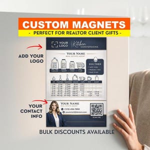 Può includere: Magneti personalizzati con una tabella di conversione della cucina e informazioni sul timer per le uova. I magneti includono spazio per un logo e informazioni di contatto. Il testo sul magnete dice "Magneti personalizzati - Perfetti per i regali dei clienti degli agenti immobiliari - Sconti all'ingrosso."