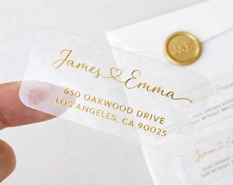 Etiquetas de dirección de retorno, pegatinas personalizadas para bodas en dorado transparente, sobres de envío