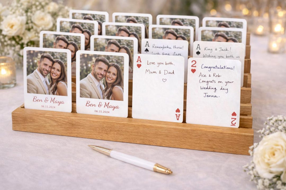 Custom Wedding Guest Book Wooden Stand Playing Cards Blank Deck Bridal ...