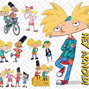 May include: A cartoon illustration of Arnold from the animated television series Hey Arnold!  Arnold is standing with his arms crossed and a confident expression on his face.  The text "Hey Arnold!" is written in a large font in the background.