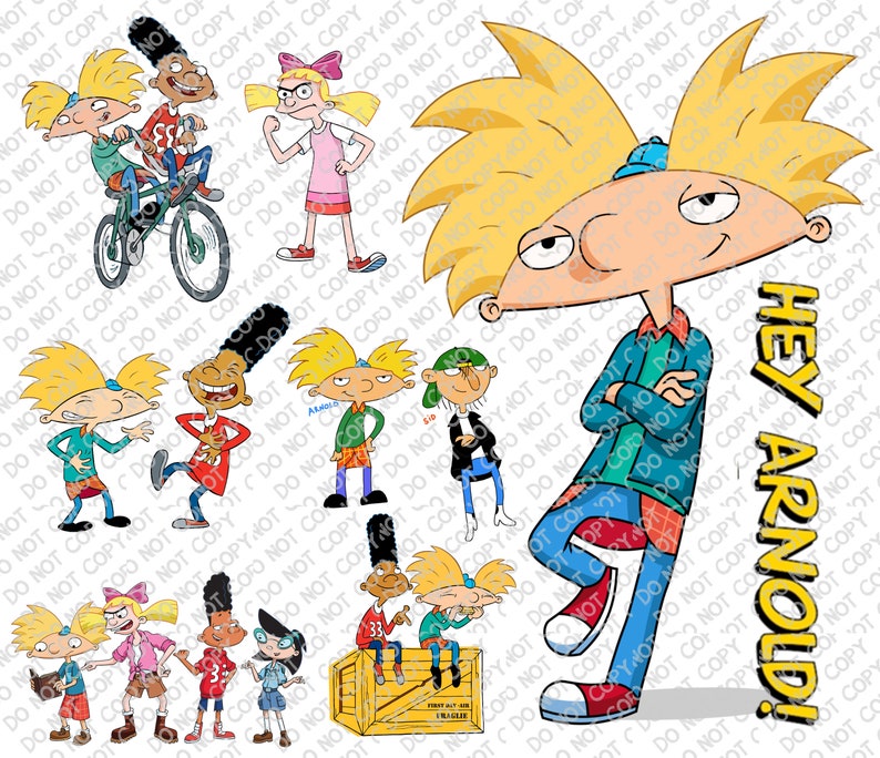 May include: A cartoon illustration of Arnold from the animated television series Hey Arnold!  Arnold is standing with his arms crossed and a confident expression on his face.  The text "Hey Arnold!" is written in a large font in the background.