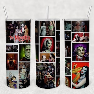 May include: A set of three stainless steel tumblers featuring a collage of images from the classic television show "The Munsters". The tumblers depict the main characters, including Herman Munster, Lily Munster, Grandpa Munster, Eddie Munster, and Marilyn Munster. These tumblers are a great way to show your appreciation for this iconic show.