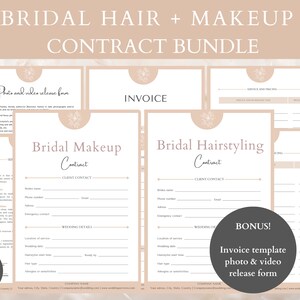 May include: A printable contract bundle for bridal hair and makeup services. The bundle includes a contract, invoice, and photo and video release form. The forms are designed with a minimalist aesthetic and feature a neutral beige color scheme.