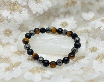 Tiger’s Eye, Black Tourmaline & Hematite Bracelet  Grounding, Protection Confidence | 8mm Beaded Healing Bracelet