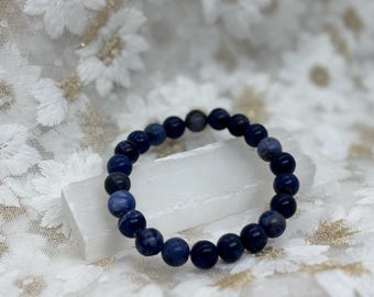 Sodalite Crystal Bracelet | Intuition & Mental Clarity | 8mm Beaded Healing Bracelet