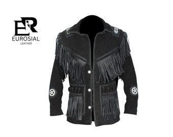 Men's Black Suede Leather Cowboy Jacket: Handmade Fringe Western Coat