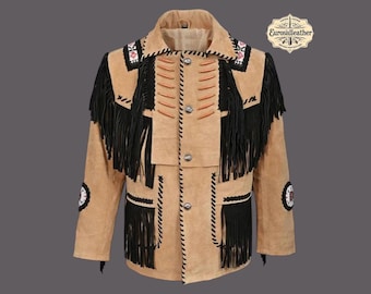 May include: Tan suede jacket with black fringe and decorative stitching. The jacket features a button-up front, a collar, and decorative beadwork on the shoulders and sleeves. The Euroshileather logo is visible.