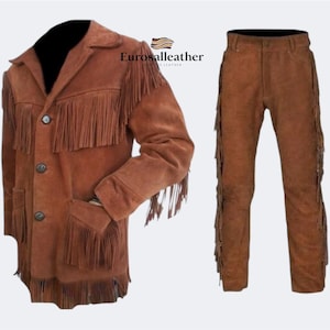 Handmade Men's Brown Suede Fringe Jacket Pants   Western Cowboy Leather Outfit  Ranch Wear Vintage Western Suit Costume Set