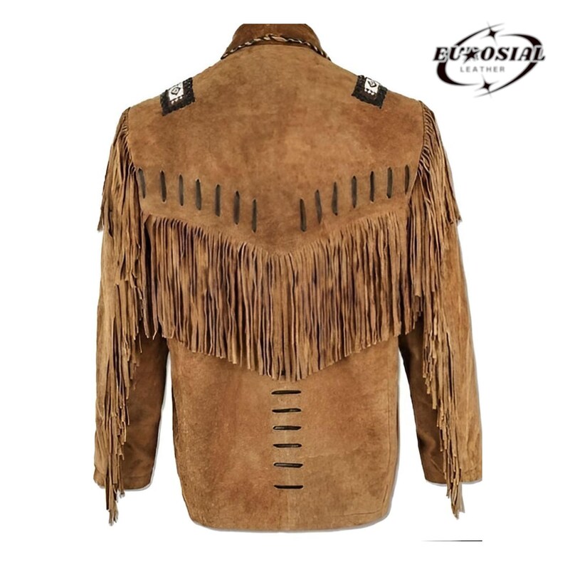 May include: A brown suede jacket with fringe detailing and a black embroidered design on the shoulders. The jacket has a zipper closure and a stand-up collar.