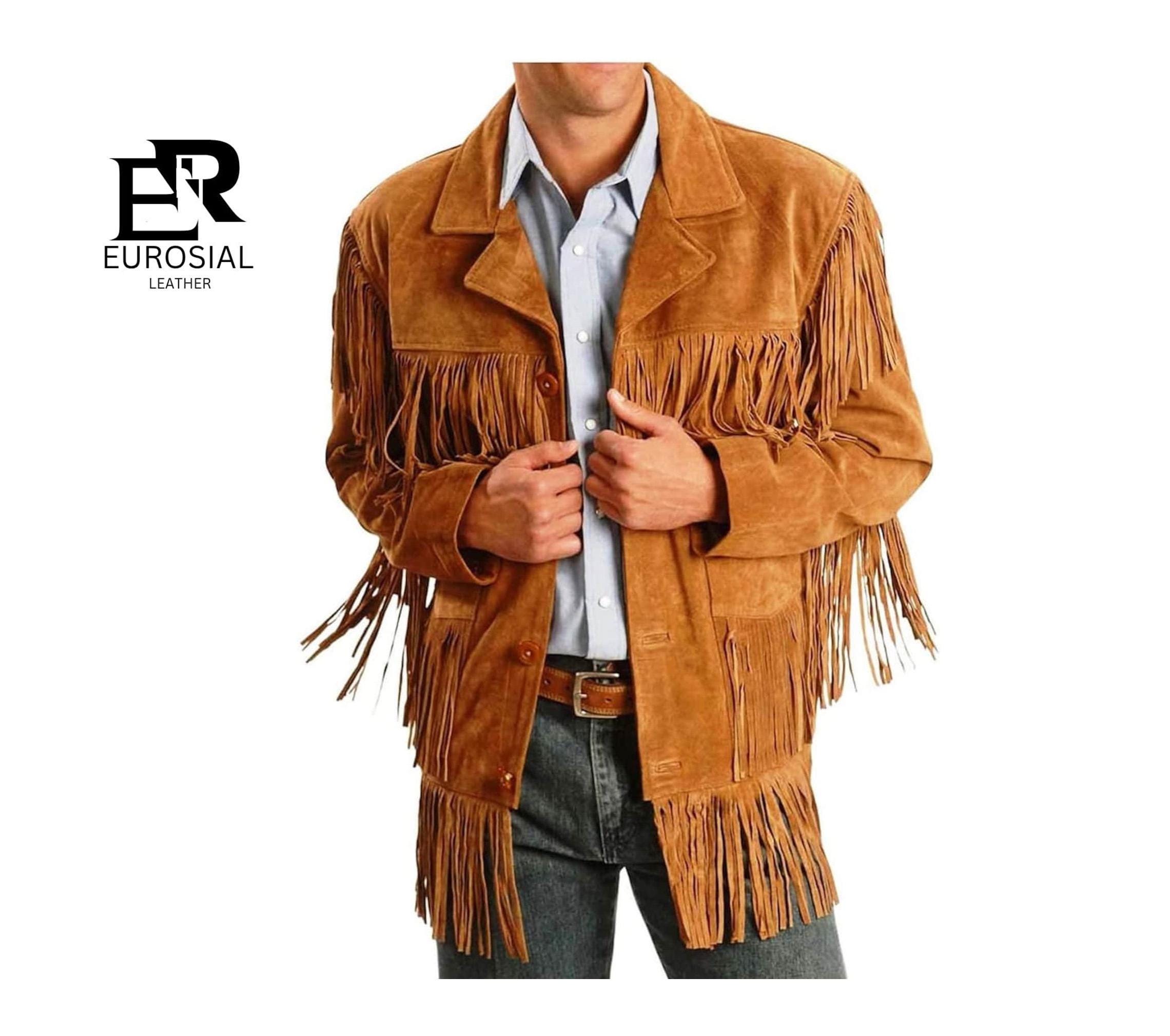 Veste Western Vintage En Daim Avec Franges Et Perles – Fait Main – Taille L/XL Homme