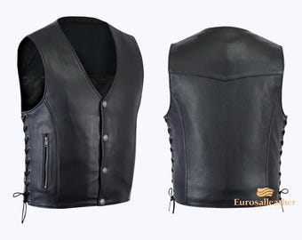 Men's Handmade Black Leather Motorcycle Vest | Side Lace Biker Waistcoat | Snap Button Riding Vest Club Style Fit Streetwear, Fashion Vest