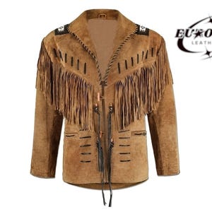 Veste en cuir marron cowboy western traditionnelle faite main pour homme | Manteau avec franges et perles | Vêtements de mode vintage - Veste Hunter