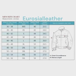 May include: A size chart for men's jackets, with measurements in inches. The chart includes chest size, jacket size, and sleeve length. The image also features a diagram illustrating how to measure chest circumference and sleeve length. The brand name "Eurosialleather" is visible.