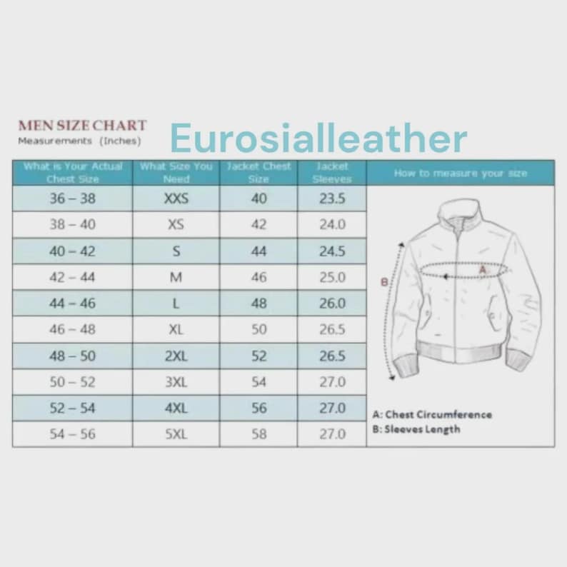 May include: A size chart for men's jackets, with measurements in inches. The chart includes chest size, jacket size, and sleeve length. The image also features a diagram illustrating how to measure chest circumference and sleeve length. The brand name "Eurosialleather" is visible.