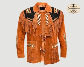 May include: A brown suede jacket with black shoulder accents and fringe detailing. The jacket features white bone-like embellishments and decorative stitching. The collar is a lighter shade of brown, and the jacket has a button closure. The Eurosilleather logo is visible.