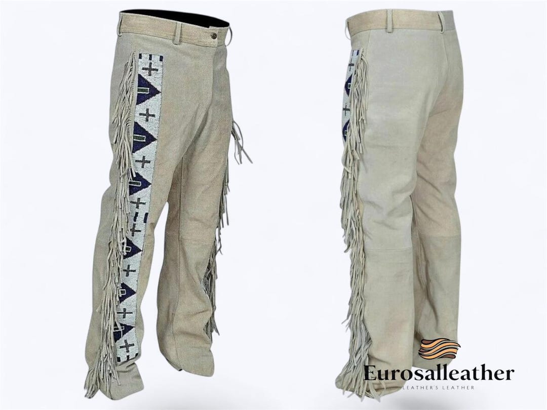Handmade White Men's Suede Leather Cowboy Pants | Western Fringe Beaded ...