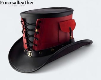 Handgemaakte steampunk leren hoge hoed: rood en zwart Victoriaans gotisch cosplay