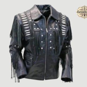 May include: Black leather jacket with fringe and silver stud accents. The jacket features a zip-up front, a collar, and decorative fringe along the shoulders, sleeves, and back. The jacket has a classic biker style.