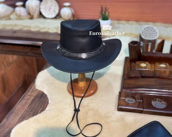 Handmade Black Leather Cowboy Hat | Snakeskin Band Silver | Vintage Distressed Hat | Conchos Western Costume Men Women Rodeo Gift