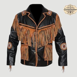 May include: Black leather jacket with tan fringe and decorative stitching. The jacket features a notched collar, button closure, and embroidered patches on the sleeves. The Eurosilleather logo is visible in the upper right corner.