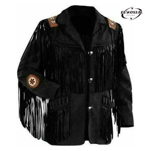 May include: Black suede jacket with fringe detailing. The jacket features decorative shoulder and sleeve patches with a button-down front. The jacket has two front pockets and a notched collar. The EuroSial Leather logo is visible in the upper right corner.