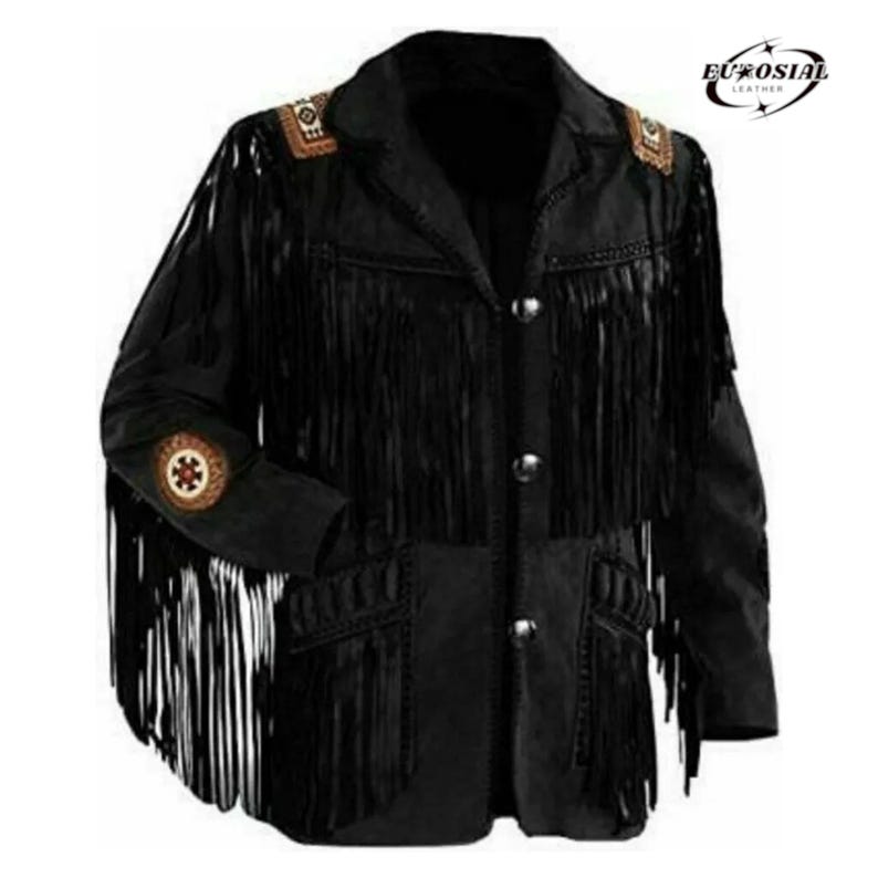 May include: Black suede jacket with fringe detailing. The jacket features decorative shoulder and sleeve patches with a button-down front. The jacket has two front pockets and a notched collar. The EuroSial Leather logo is visible in the upper right corner.