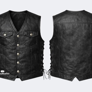 Könnte beinhalten: Schwarze Lederweste mit V-Ausschnitt, Knopfverschluss und zwei Vordertaschen. Die Weste hat seitliche Schnürungen zur Anpassung und einen klassischen Biker-Stil. Die Rückseite der Weste ist ebenfalls abgebildet.