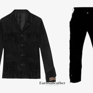 Handmade Vintage Men's Black Suede Fringe Jacket Pant |Traditional   Western Cowboy Leather Outfit | Ranch Wear Full Suit Costume Set For