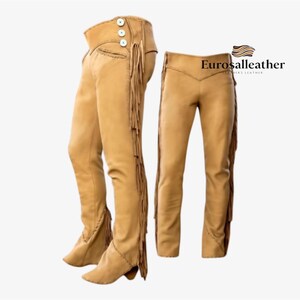 Brown Leather Fringe Cowboy Pant | Handmade Genuine Leather Western Cowboy Trousers | Rodeo Ranch Wear Biker Outfit