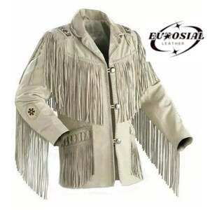 May include: Cream-colored leather jacket with long fringe detailing on the sleeves, chest, and pockets. The jacket features a notched collar, decorative stitching, and three silver-tone buttons. The brand name "EUROSIAI LEATHER" is visible on the upper right.