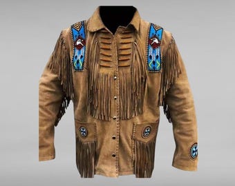 May include: A brown suede jacket with fringe detailing and beaded accents. The jacket has a button-up front and long sleeves.