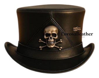 Black Leather Skull Top Hat | Handmade Gothic Biker Costume