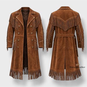 May include: A brown suede long coat featuring double-breasted buttons, long fringe detailing on the chest, sleeves, and hem, and metallic stud accents. The back view shows a belted waist and a rear vent. The text Eurosalleather is visible.