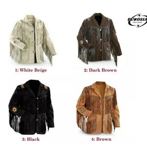 May include: A selection of leather jackets in white beige, dark brown, black, and brown. Each jacket features fringe detailing on the sleeves and body, with button closures and decorative accents. The image includes the text "EUROSIAL LEATHER".