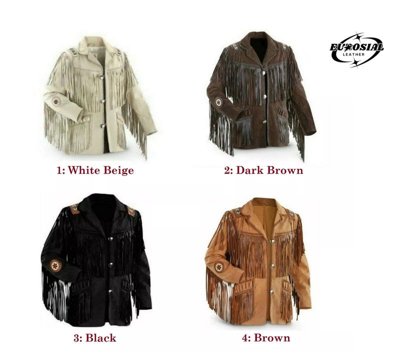 May include: A selection of leather jackets in white beige, dark brown, black, and brown. Each jacket features fringe detailing on the sleeves and body, with button closures and decorative accents. The image includes the text "EUROSIAL LEATHER".