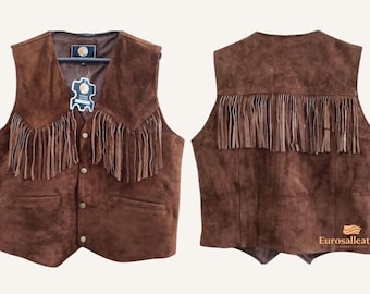 Handmade Men's Brown Fringe Suede Leather Vest | Native Inspired Western Cowboy Leather Waistcoat | Vintage Retro Rodeo Outfit | Biker Vest