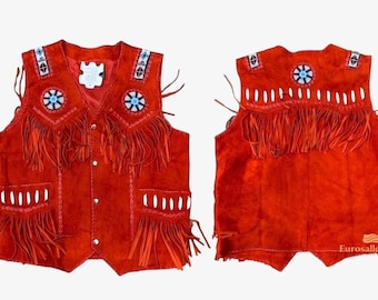 Gilet da uomo in pelle scamosciata rossa con frange / Gilet tradizionale in stile nativo americano con perline / Completo da cowboy western classico boho rodeo fatto a mano
