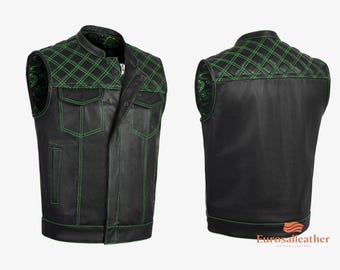 Men's Handmade Leather Biker Vest | Club Style Motorcycle Waistcoat | Black Green Diamond and Cross Stitch Riding Gear | Gift For Bikers