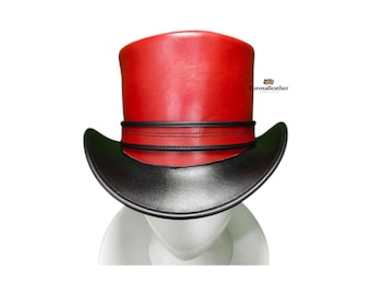 Handmade Red & Black Leather Top Hat | Steampunk Gothic Costume