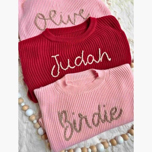 Personalized, hand embroidered toddler and child sweater, Baby announcement sweater