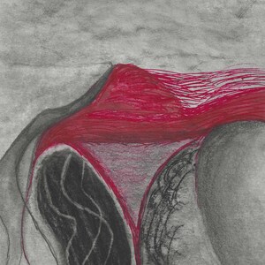 以下が含まれることがあります： 灰色を背景に、黒い線で描かれた赤い山の抽象的な絵