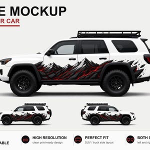May include: A white SUV featuring a mountain range graphic decal along the side. The design includes black and white jagged peaks with red lava-like accents. The text FREE MOCKUP FOR YOUR CAR, 100% CUSTOMIZABLE, HIGH RESOLUTION, PERFECT FIT, and BOTH SIDES are visible.