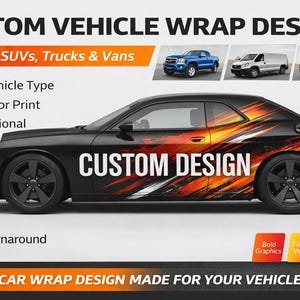 Può includere: Auto nera con un design di rivestimento personalizzato con accenti arancioni e bianchi. L'immagine include il testo "CUSTOM VEHICLE WRAP DESIGN" e "CUSTOM DESIGN". Il design è per auto, SUV, camion e furgoni.