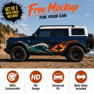 Może przedstawiać: Ciemnoniebieski SUV z białym dachem i czarnymi kołami, z niestandardową grafiką dużej fali oceanicznej, surfera i palm. Tekst "Free Mockup For Your Car" jest wyświetlany na pomarańczowo. Obraz zawiera również tekst "Set of 2 Both Sides Included".