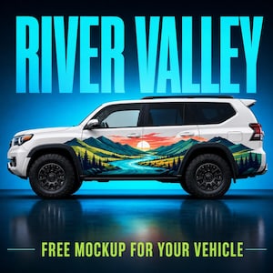 River Valley Truck Decal – Green Mountains and Flowing Water, Nature Side Graphic